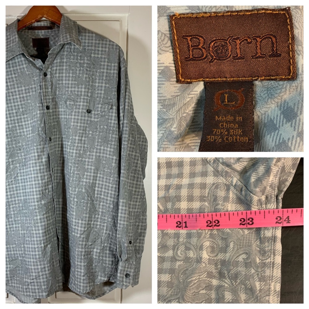 Born Silky‎ Gray Gingham Shirt L Floral Overlay Grunge Retro Boho Soft Button Up
